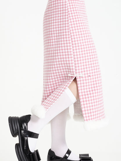 New CHINESE STYLE FUR FRINGE PLAID SKIRT