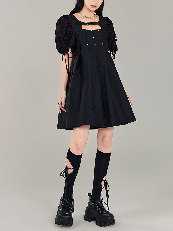 Leather Buckle Rivet Black Dress