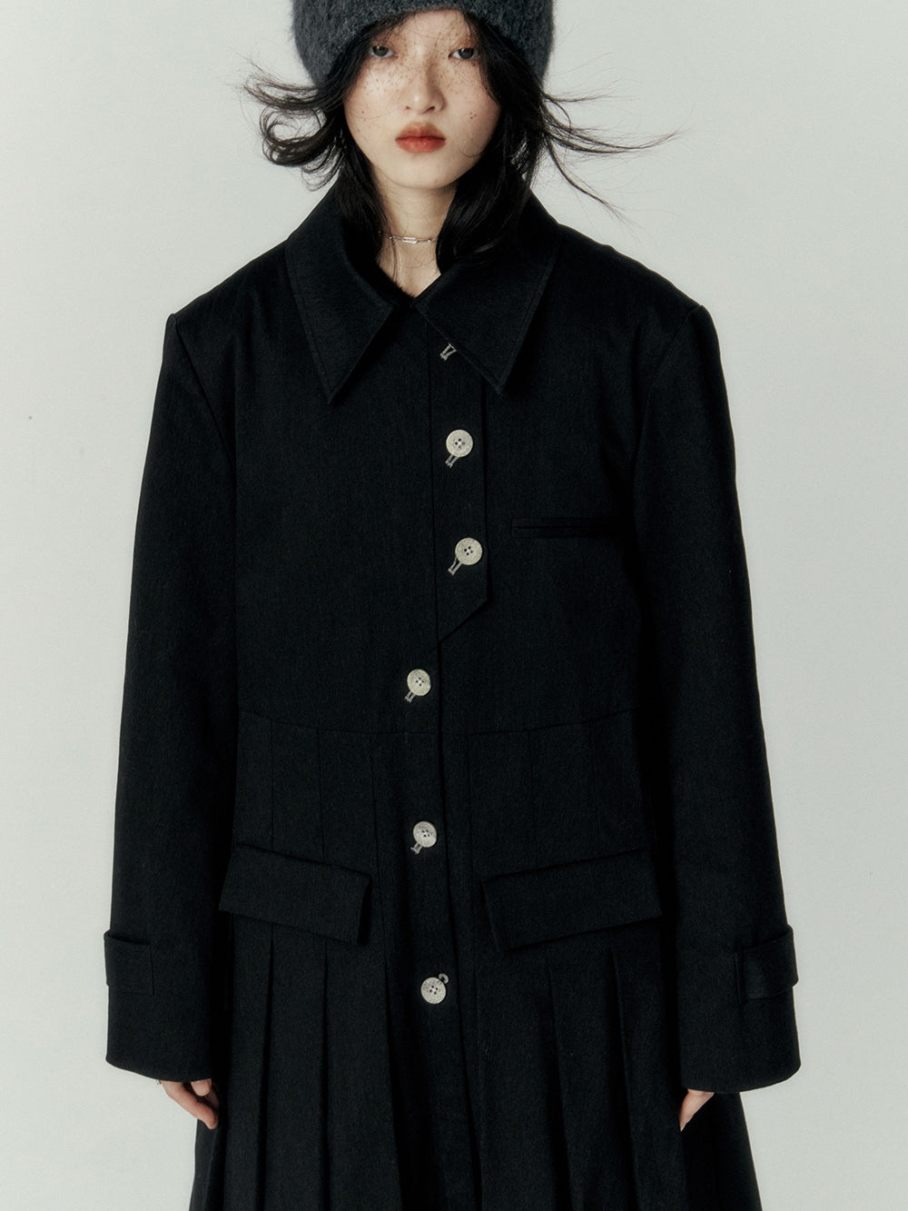 Pleats Wool Flare Long-coat