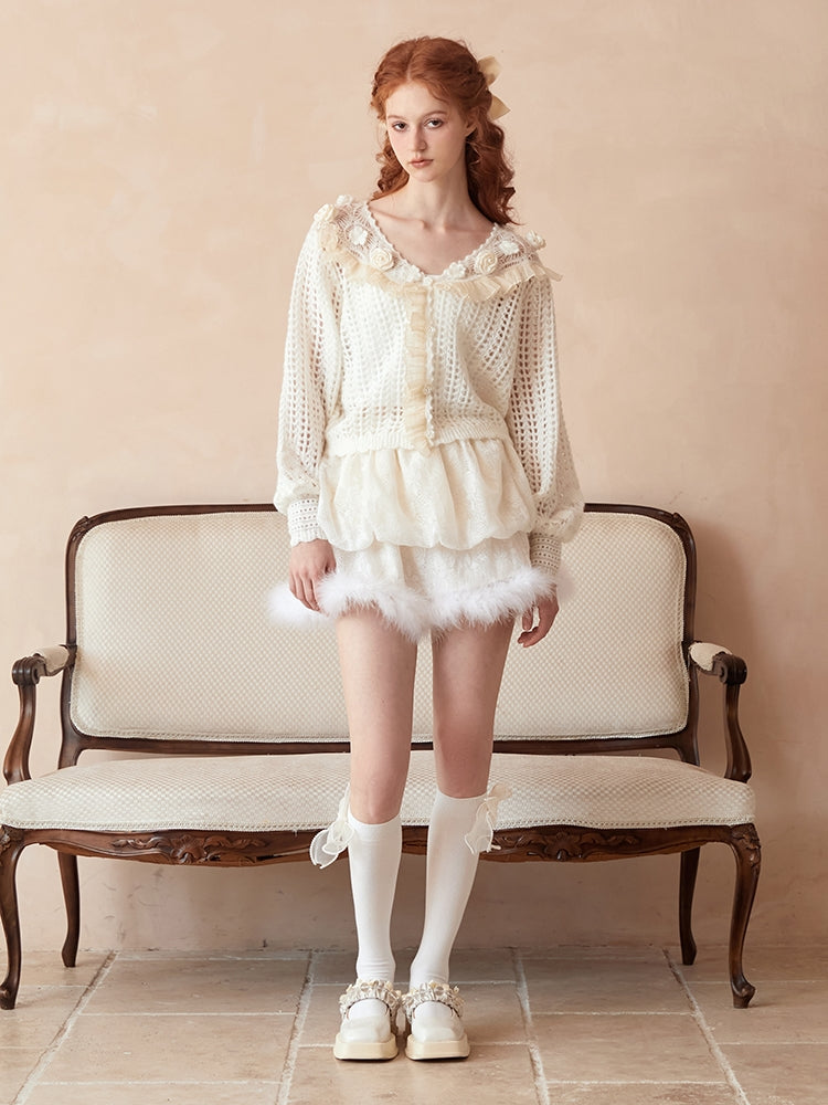 Sweet Low-gauge Rose Knit Cardigan