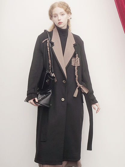 Contrasting Color Long Woolen Coat