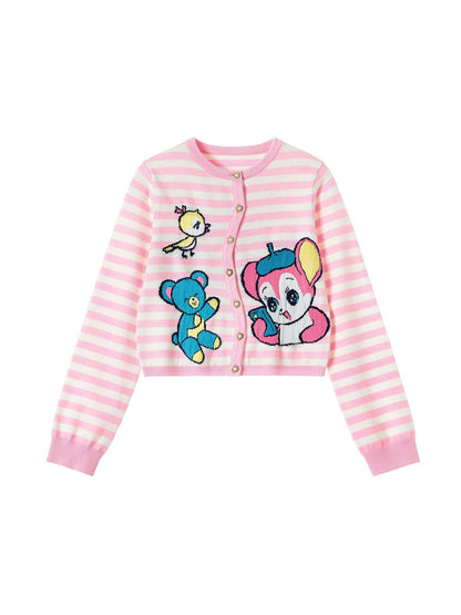 SHOWA BEAR CARTOON STRIPED KNITTED CARDIGAN