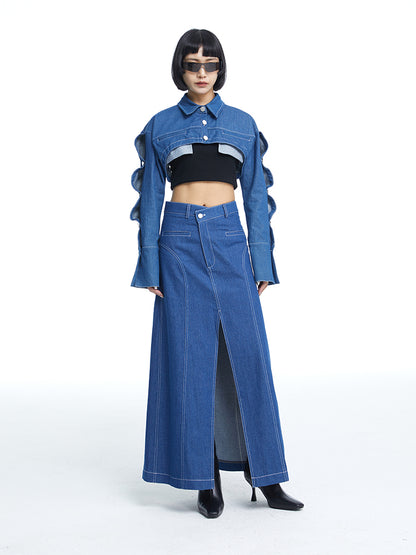 Denim Cropped Jacket Wave Bolero