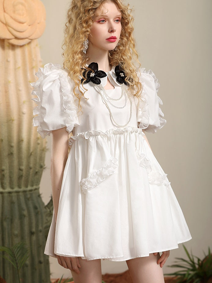 Frill Nichi Flare Flower-Motif Sweet Dress