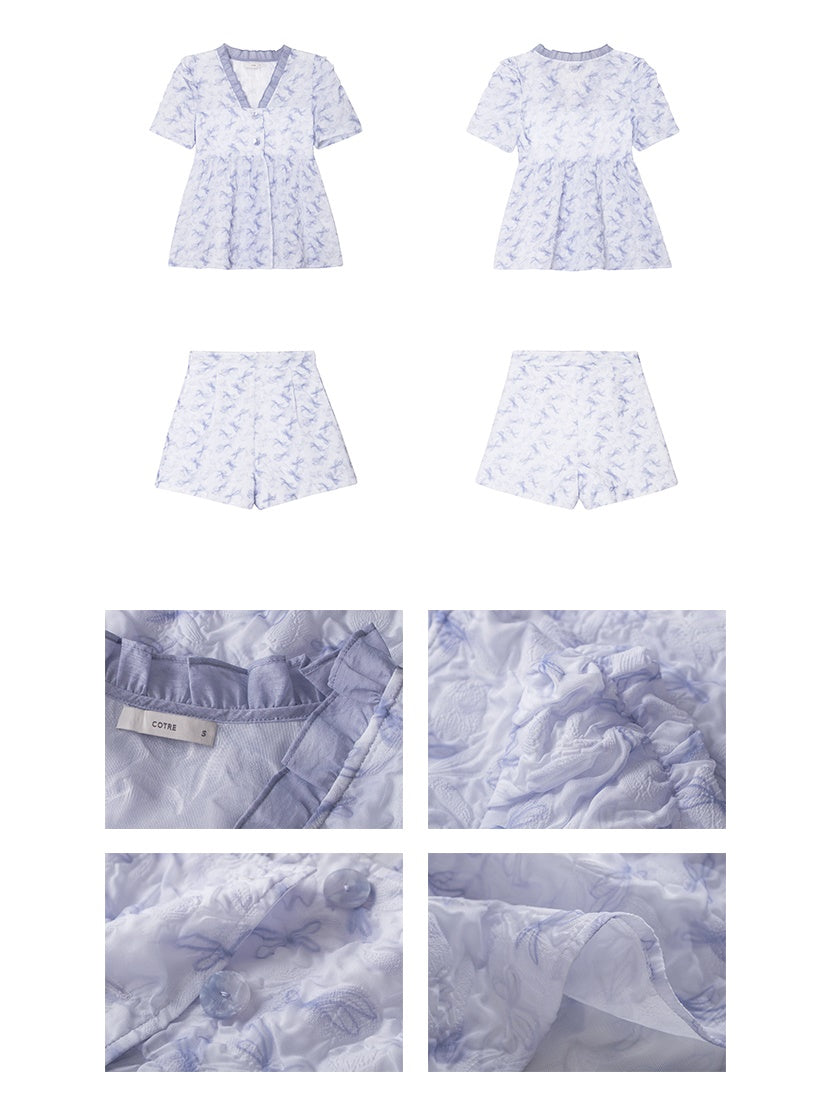 Butterfly Niche Embossed Print Top &amp; Shorts Pants