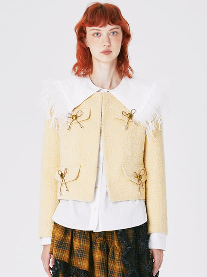 Sweet Cute Ribbon Unique No-collar Tweed Jacket