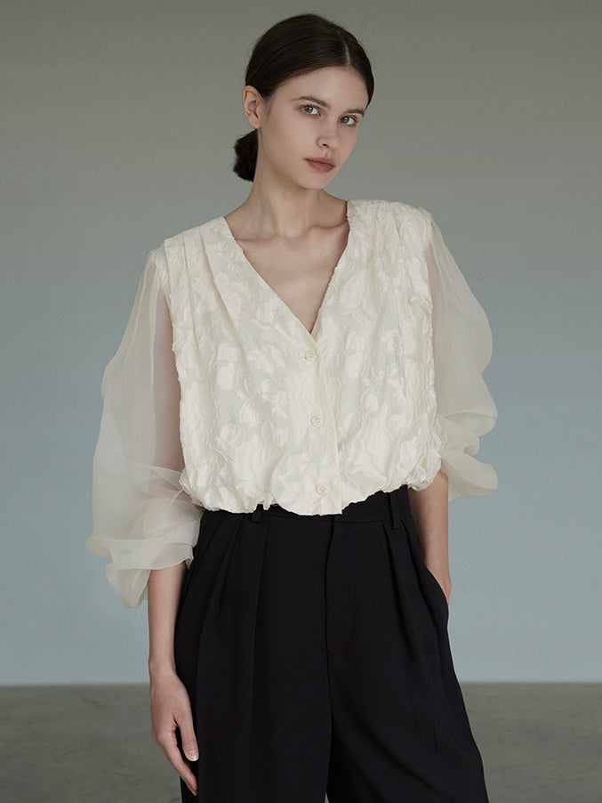 JACQUARD TULLE V-NECK SHIRT