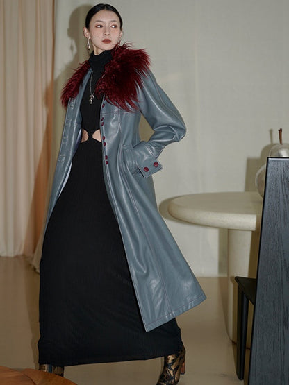 Fur Collar Slim Leather Long Coat