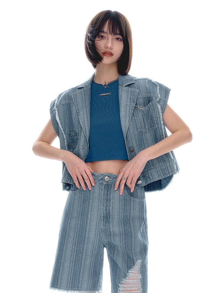 Denim-Schadensweste halbe Hosen