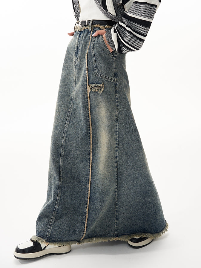 Retro Raw Edge Slit Washed Denim Skirt