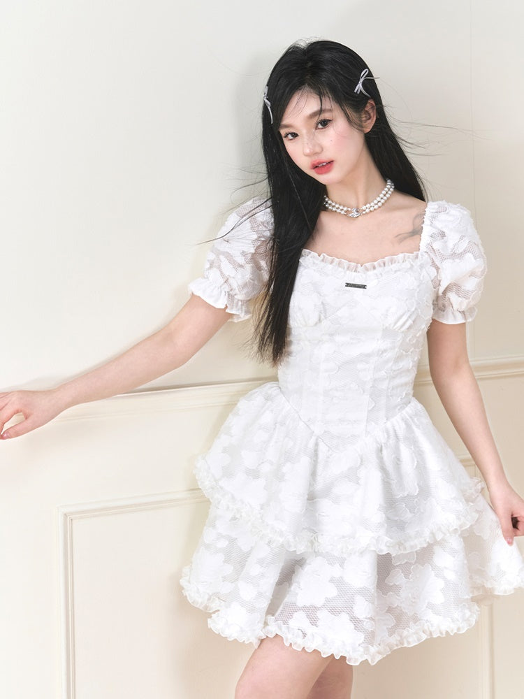 French Puff Sleeve Jacquard Fluffy Dress