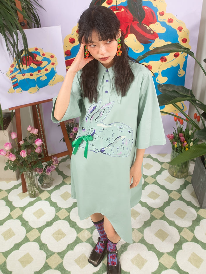 Retro Rabbit Pattern Short-Sleeed Shirt Dress