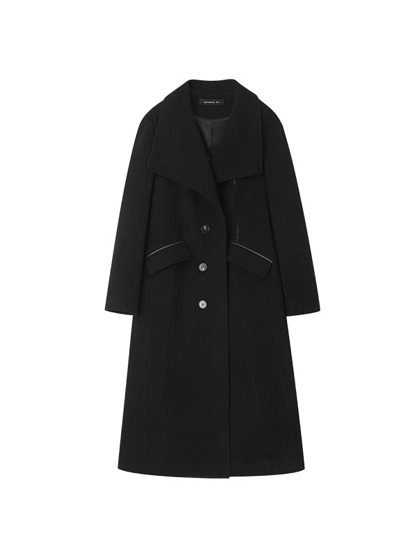 Patchwork Leather Wool Long Coat