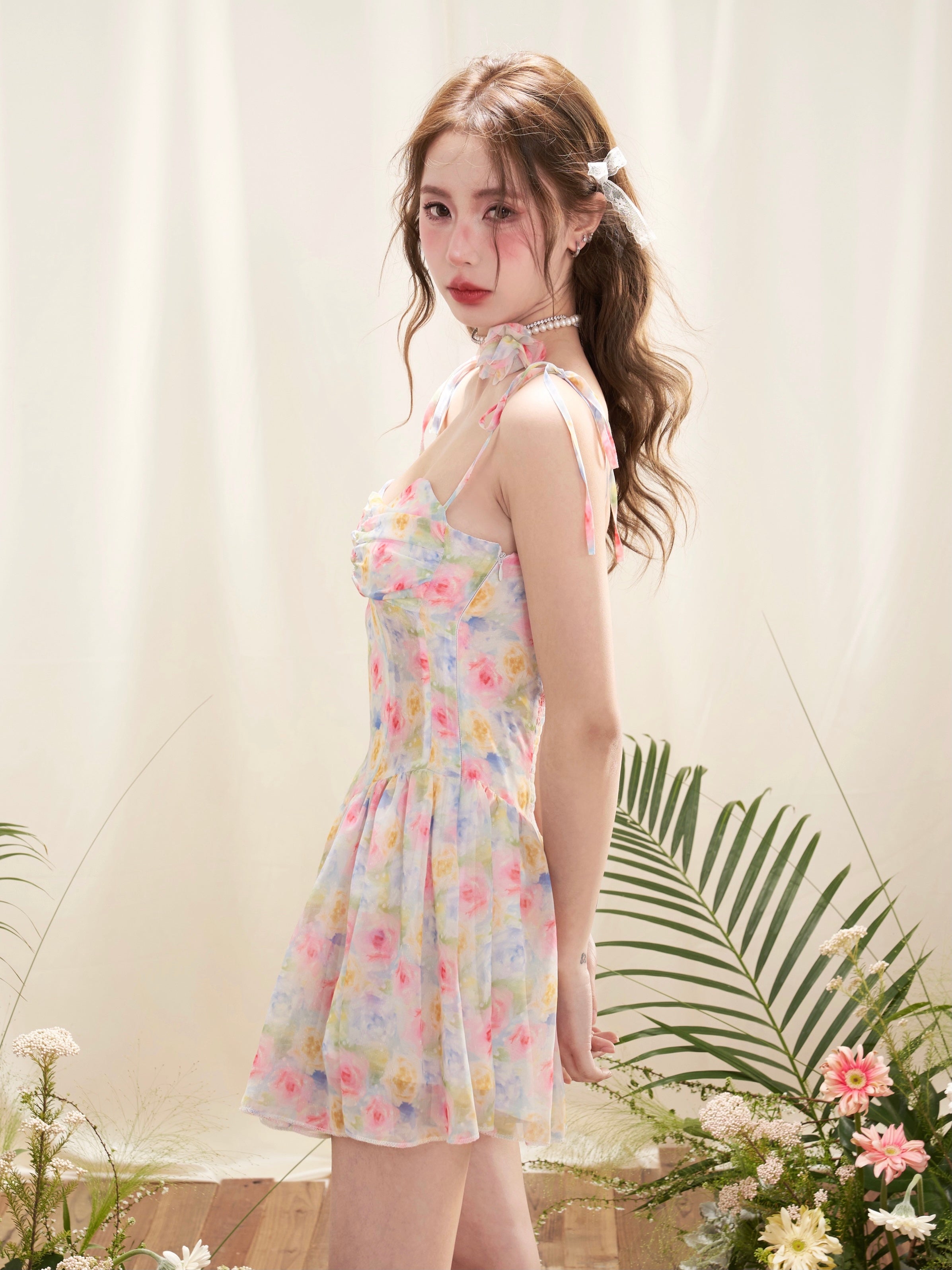 Smudged Floral Suspender Dress with Rose Pearl Necklace