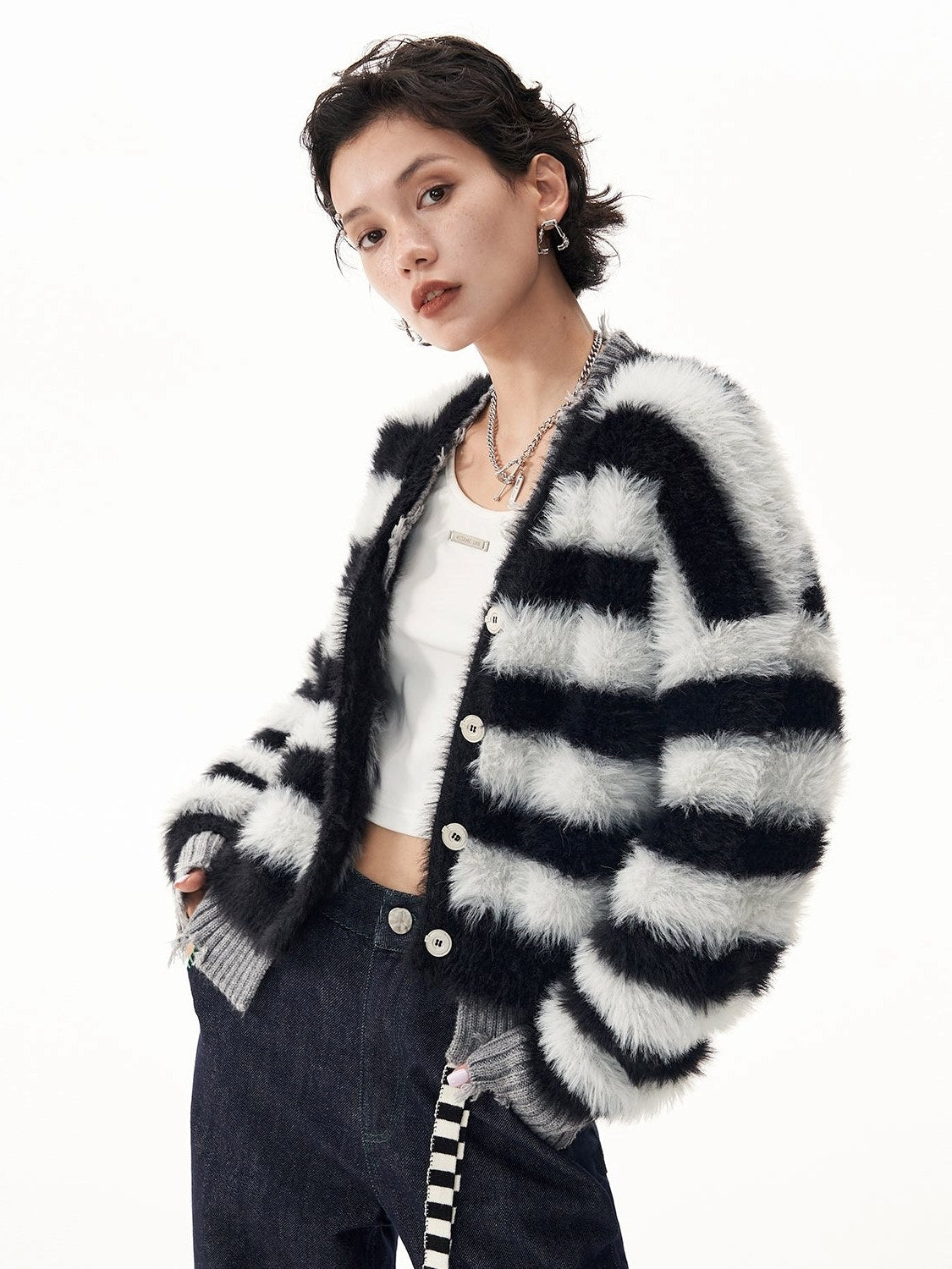 Stripe Imitation Mink V-neck Cardigan