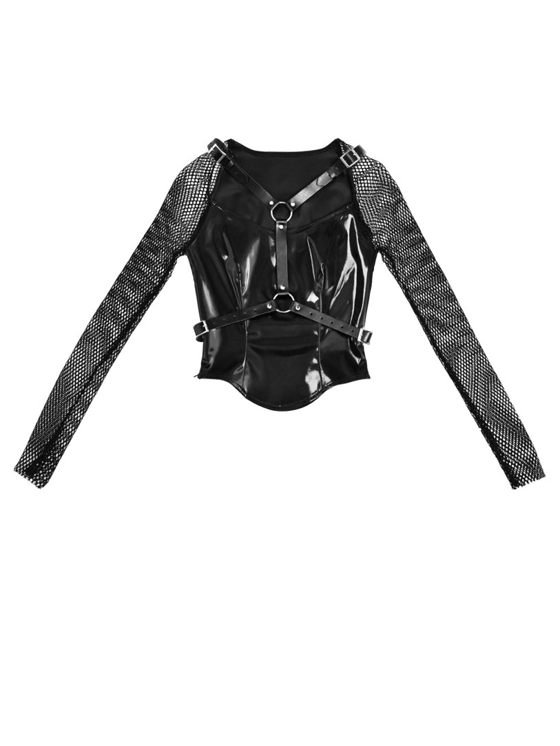 Gothic Leather Mesh Belt Tops