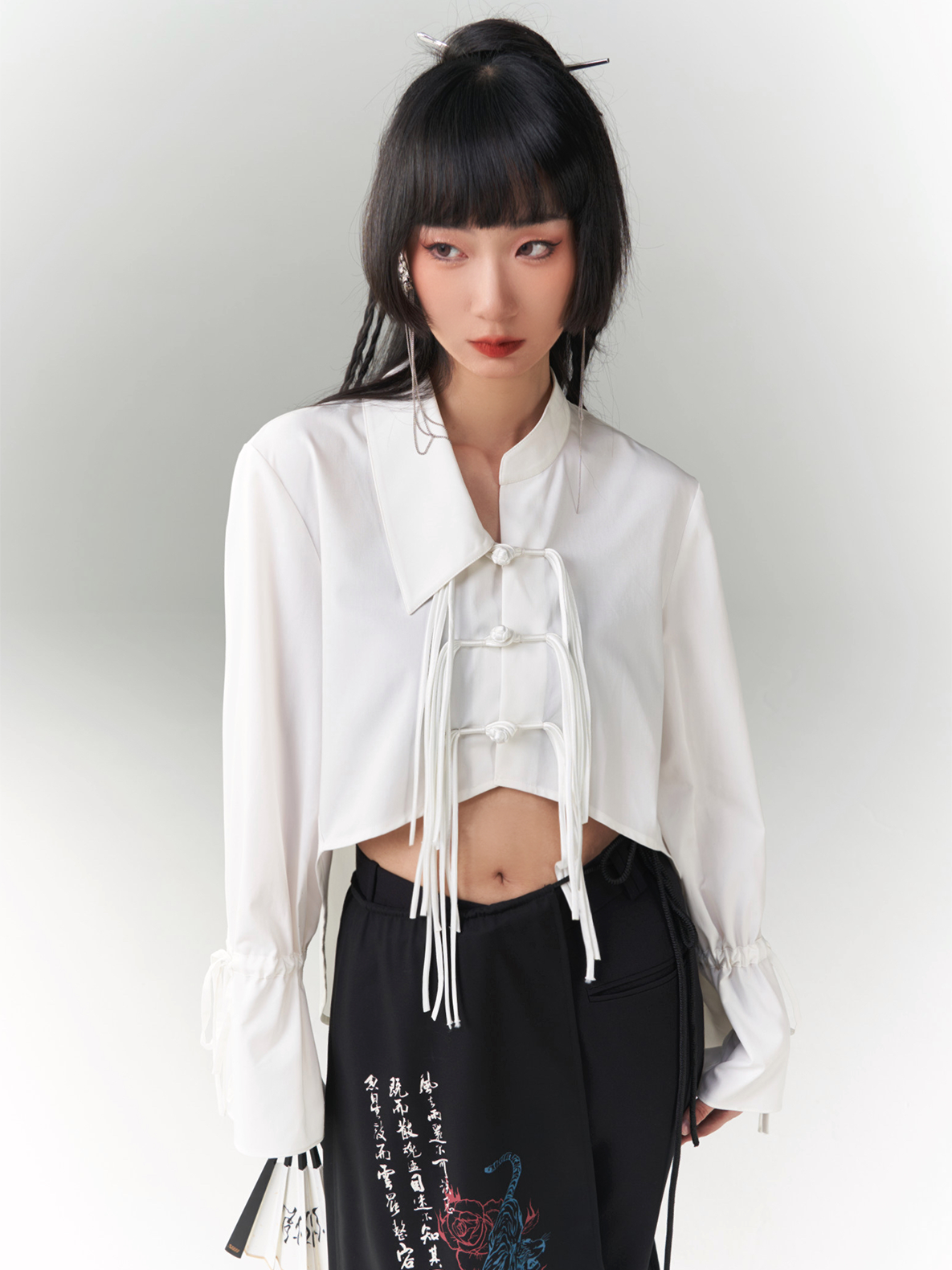 CHINESE STYLE asymmetric Fringed Button Shirt