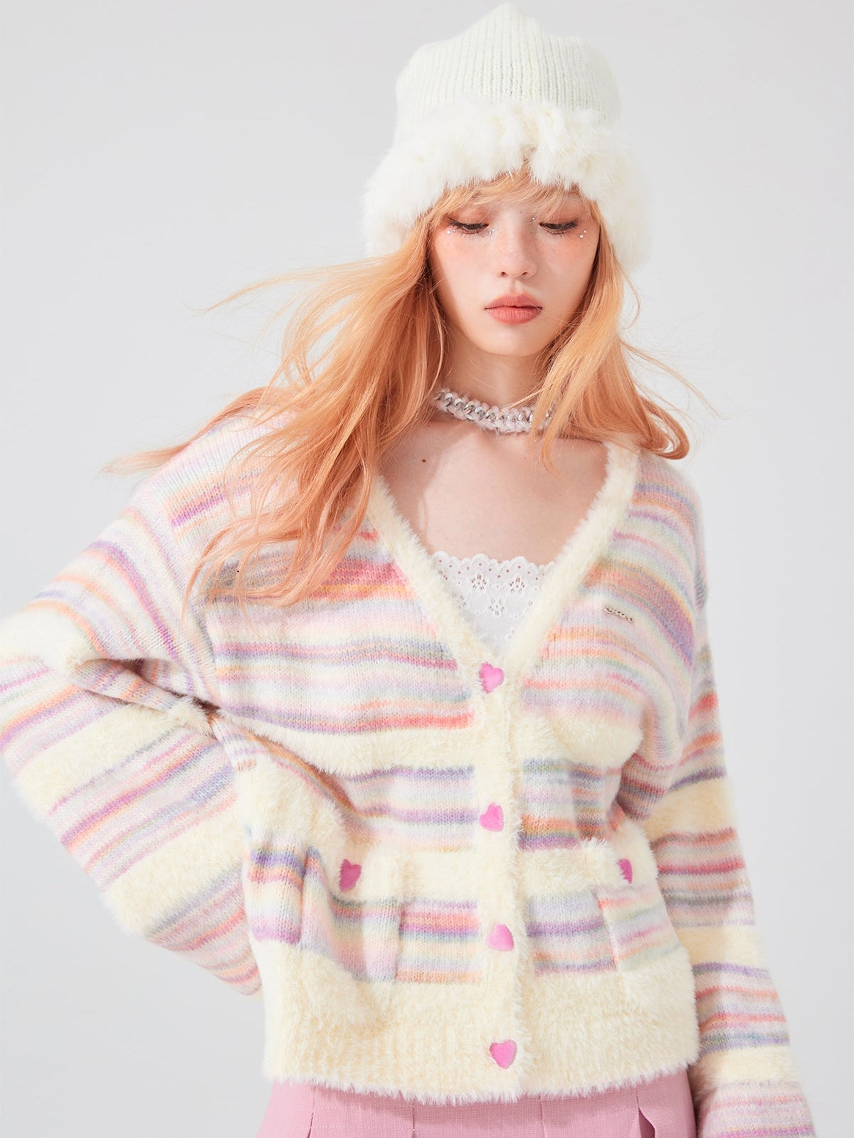 RAINBOW LOOSE V-NECK STRIPED CARDIGAN