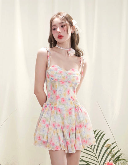 Smudged Floral Suspender Dress With Rose Pearl Necklace