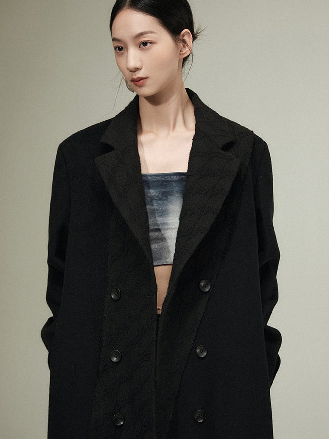 Geometric Texture Stitching Double -BREASTED LONG WOOLEN COAT