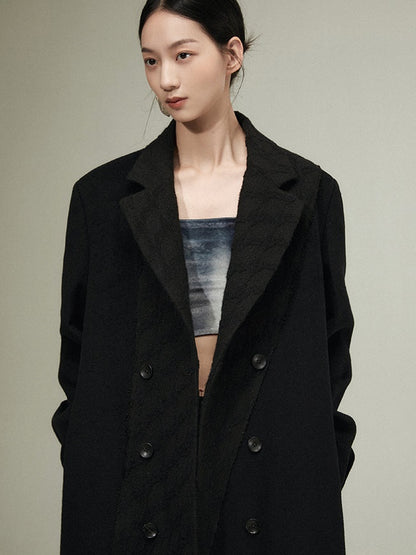 Geometric Texture Stitching Double-breasted Long Woolen Coat