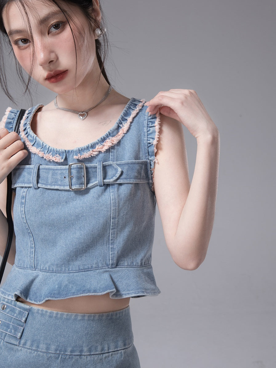 Denim Vest &amp; Skirt &amp; Bottoming T-Shirt Set-UP