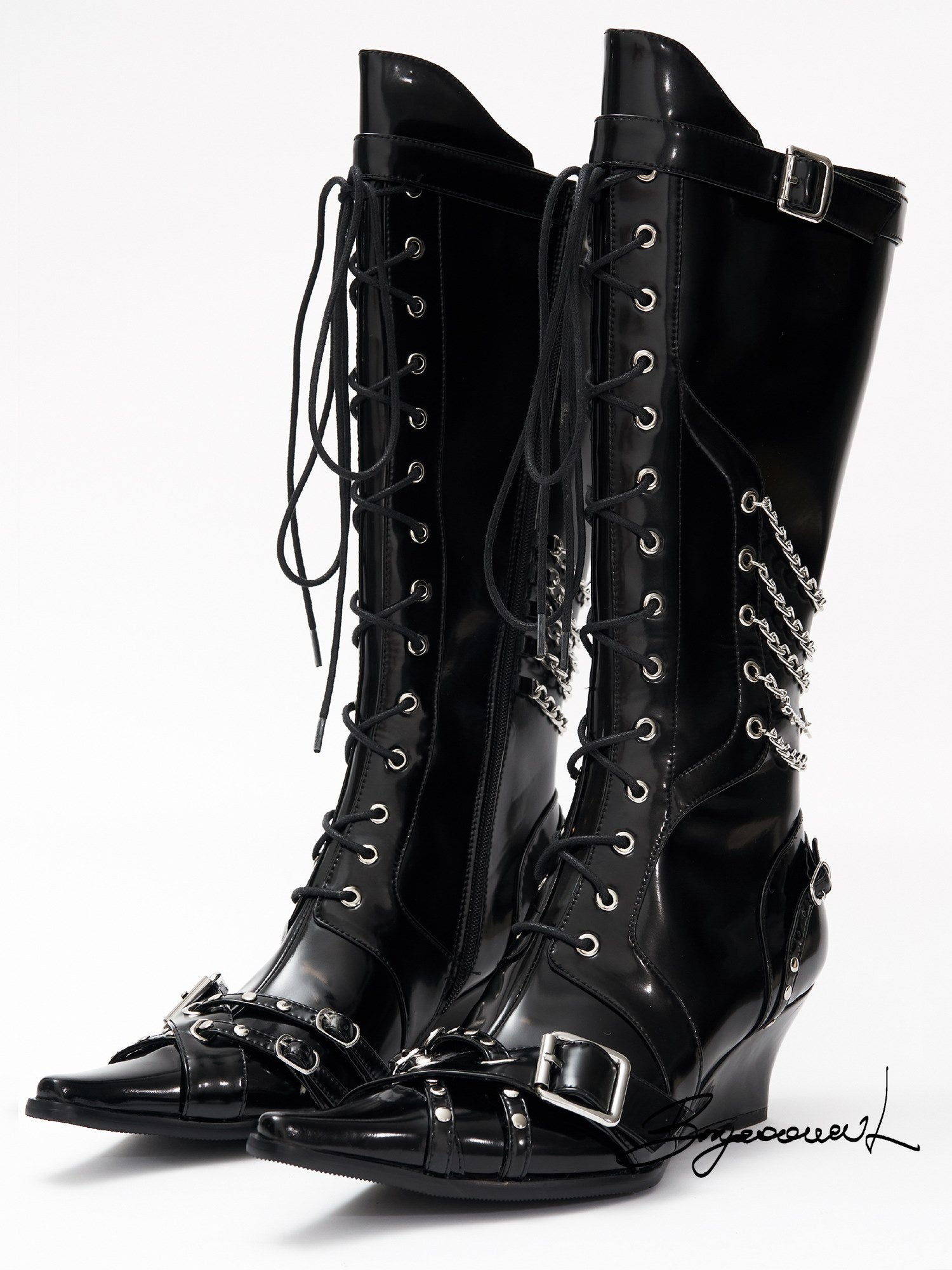 Pointed-toe Wedge Heel Lace-Up Boots