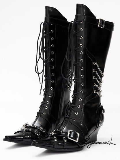 Pointed-toe Wedge Heel Lace-Up Boots