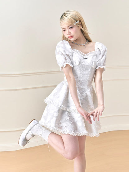 Französischer Puffärmel Jacquard Fluffy Kleid