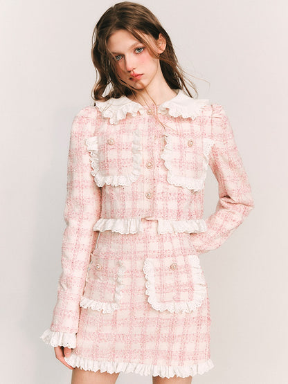 Lace Stitch Plaid Jacket &amp; Half Skirt