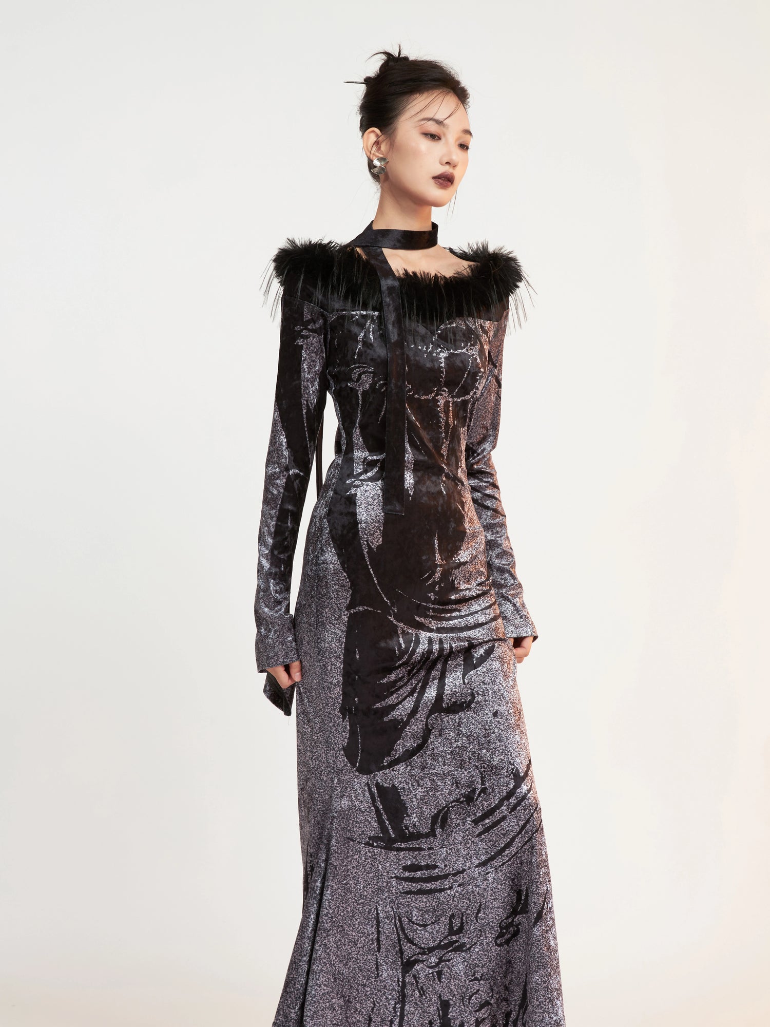 Velvet Printed Imitation Fur Stitch Slim Long Dress