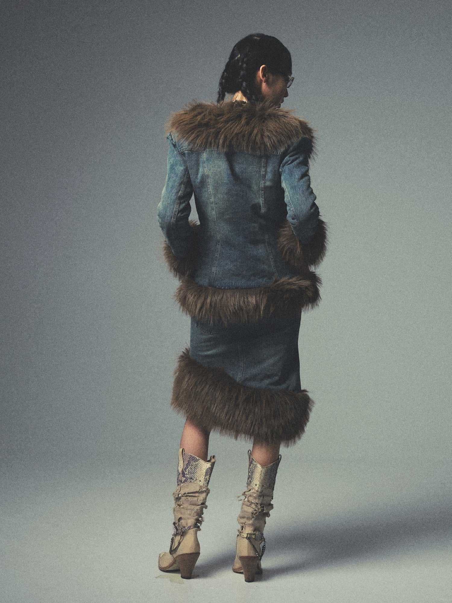 Washed Old Quilted Asymmetric Fur Collar Lapel Denim Jacket &amp; Skirt