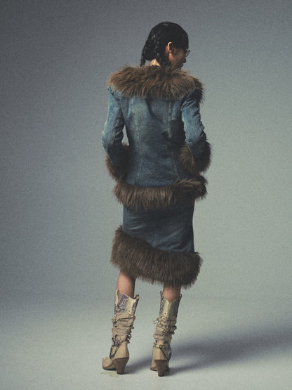 Washed Old QUILTED ASYMMETRIC FUR COLLAR Lapel Denim Jacket &amp; Skirt