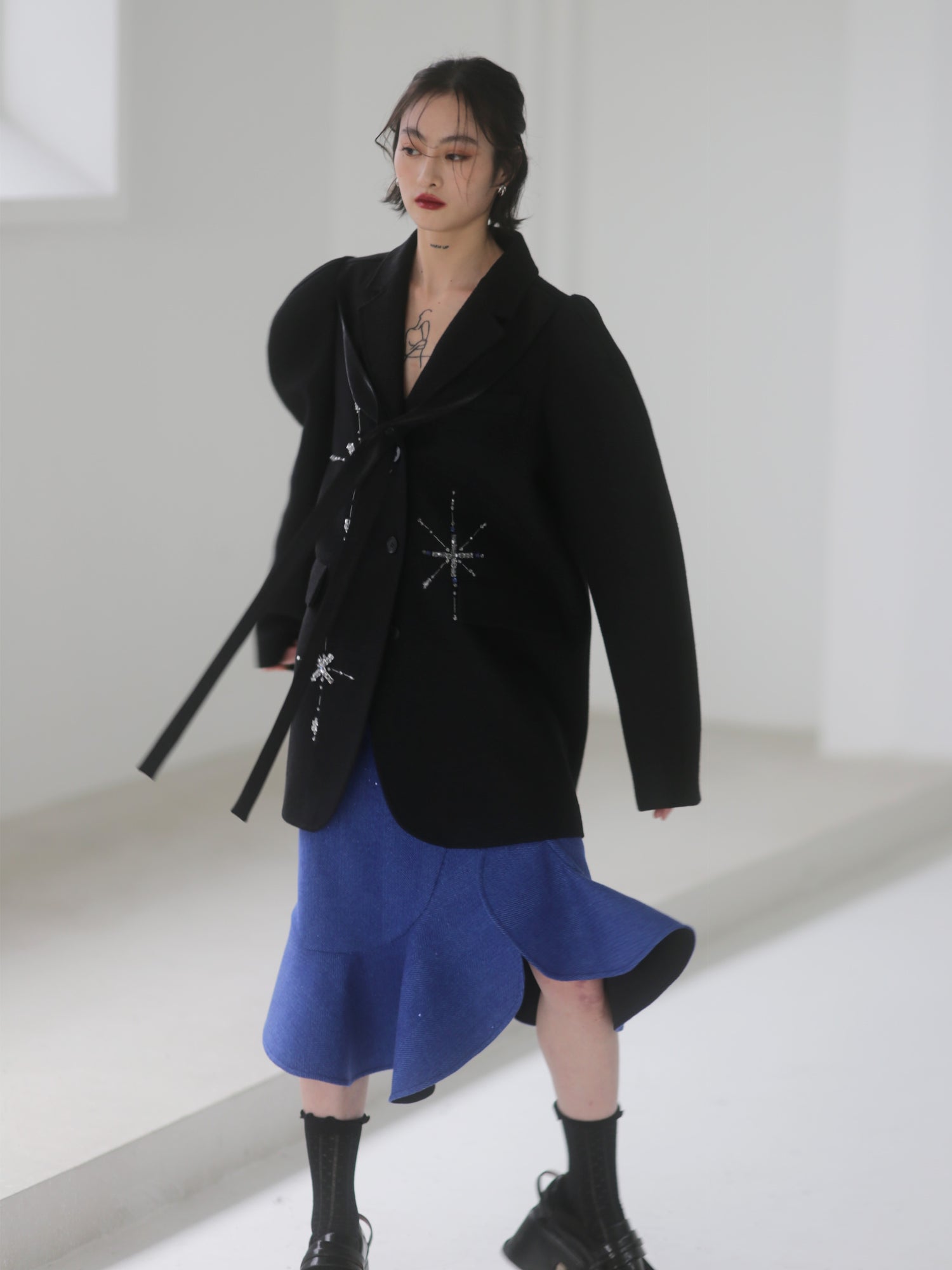 Beaded snowflake woolen Round Shoulder Silhouette COAT