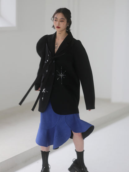 Beaded snowflake woolen Round Shoulder Silhouette COAT