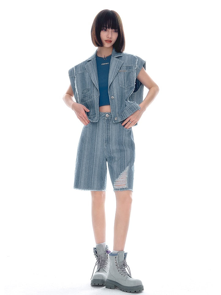 Denim Damage Vest Half-pants