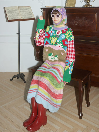 Plaid Plush Bear Flower Knitting Sweater &amp; Skirt