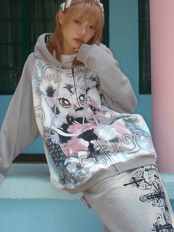 BUNNY PRINT LOOSE ZIP-UP PARKA