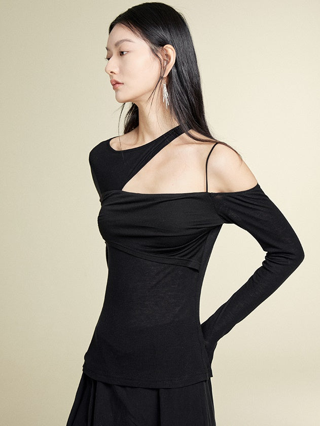 Stitching of-the-shoulder long-sleeed t-shirt