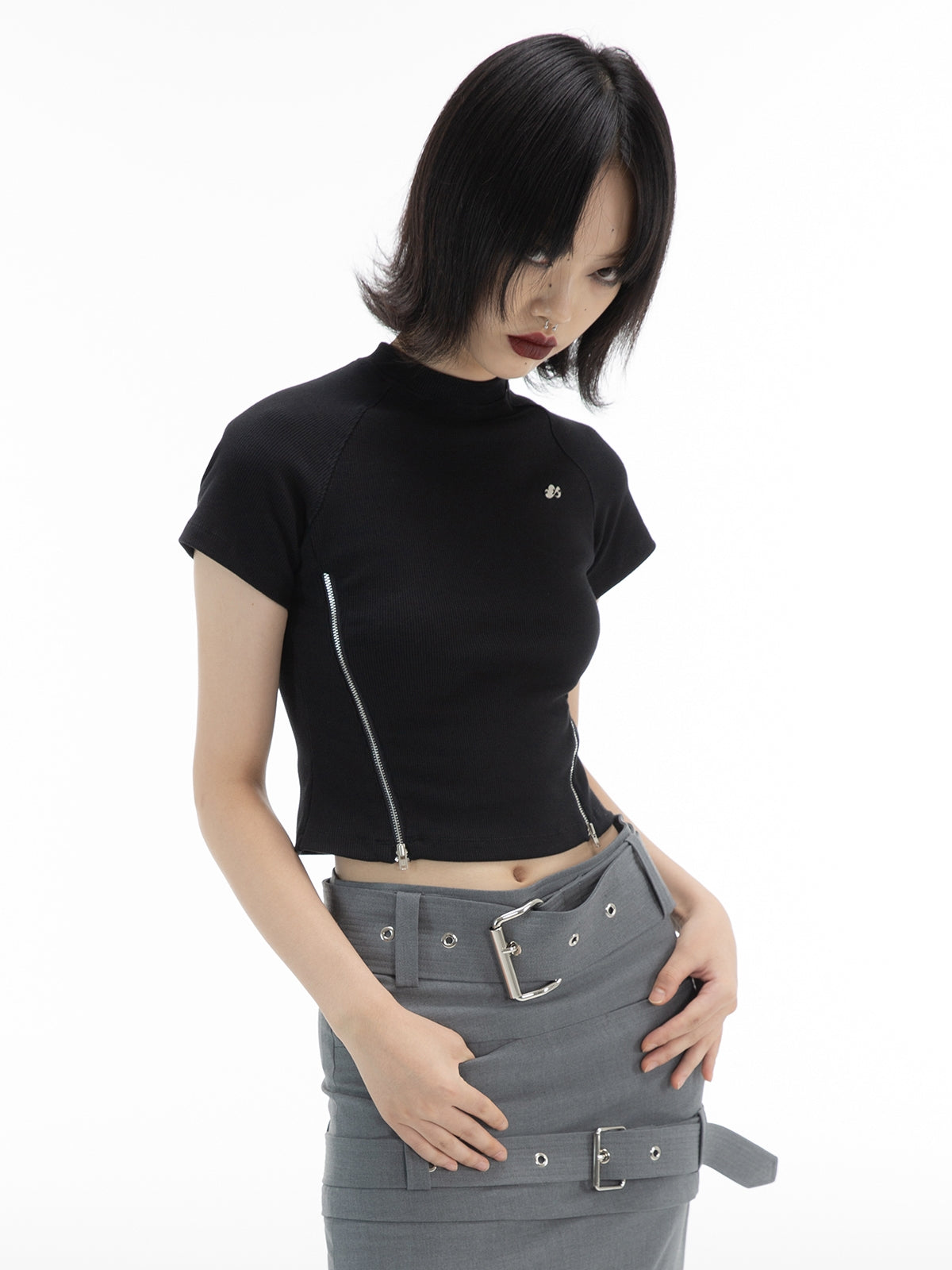 Double Zipper Slim Short T-shirt