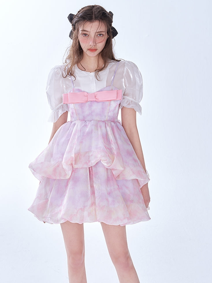 Blooming Bow Double-layer Strap Dress