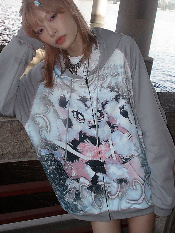 Bunny Print Loose ZIP-Up Parka