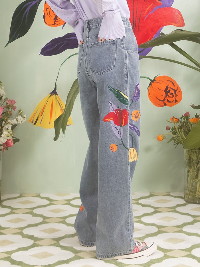 Flower Print Light Wash Blue Loose Denim