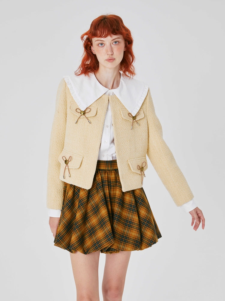 Sweet Cute Ribbon UNIQUE NO-COLLAR TWEED JACKET