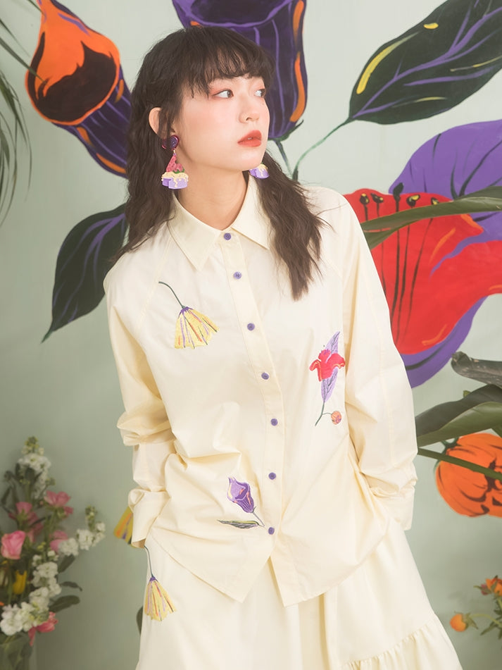 Flower Embroidery Raglan Sleeve Loose Shirt