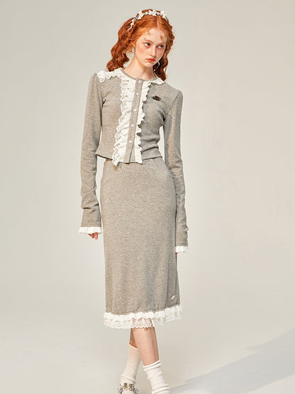 Frill Lace Classy Retro Mature Cardigan&amp;skirt