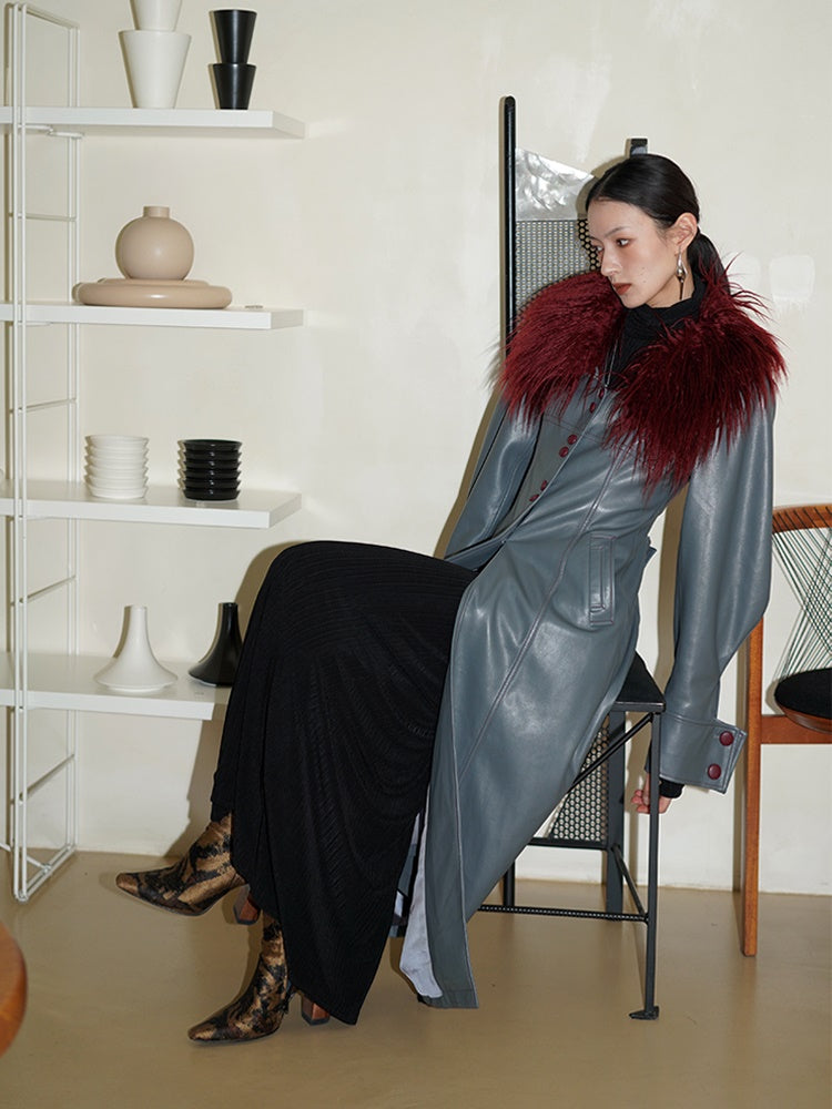 Fur Collar Slim Leather Long Coat