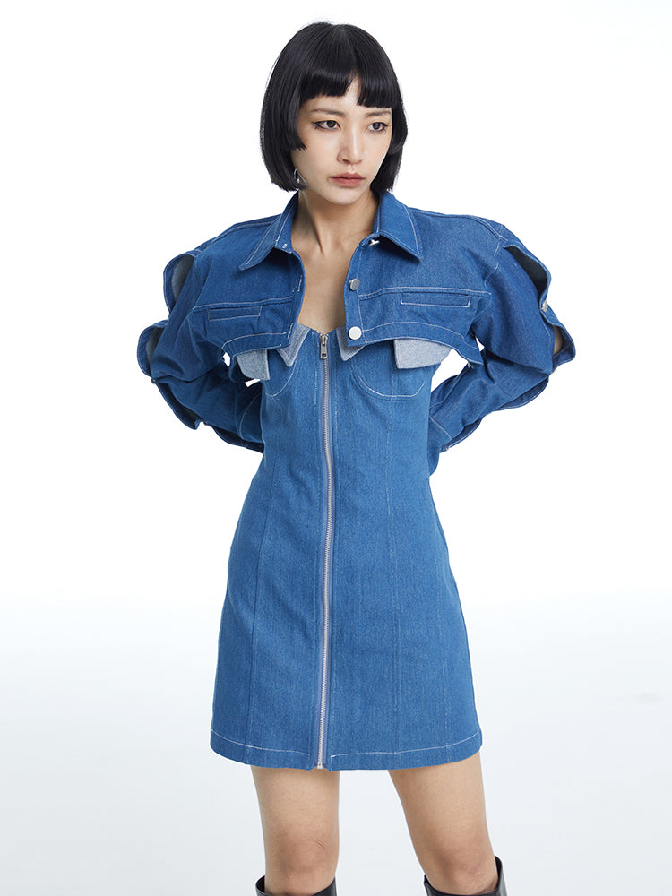 Denim Cropped Jacket Wave Bolero