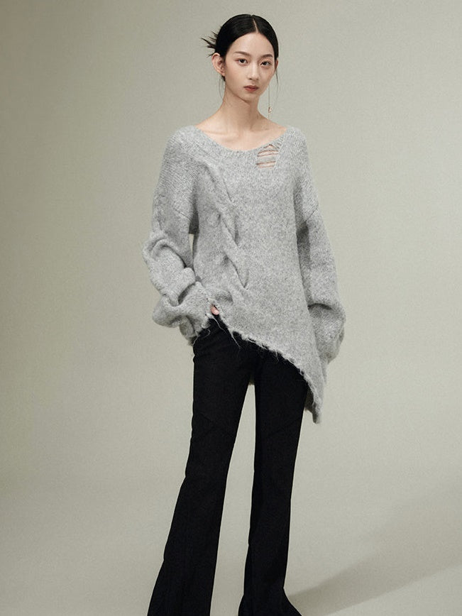 Irregular Raw Edge Hem Hole Sweater