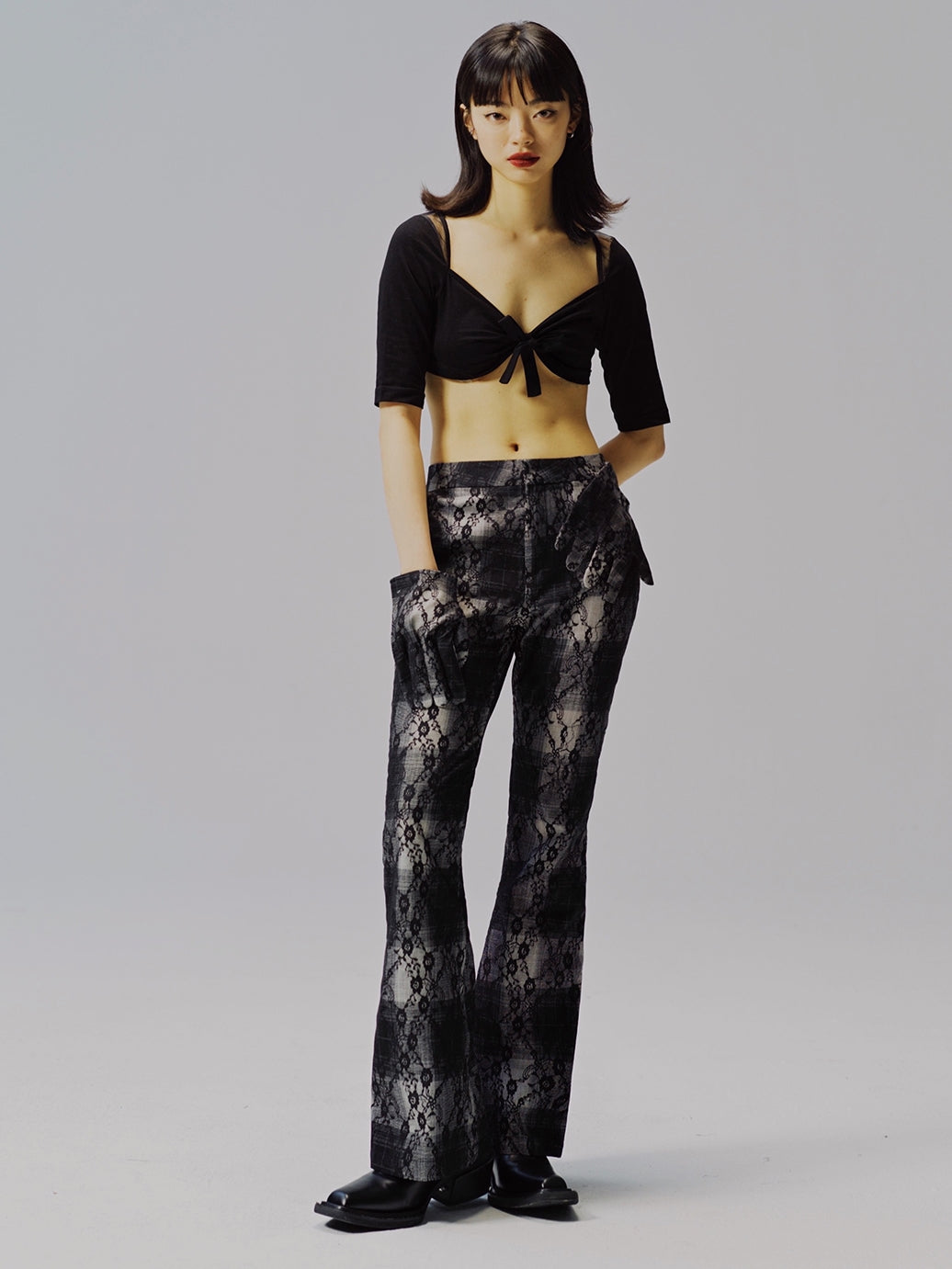 Micro-SLACK PLAID FLARED PANTS